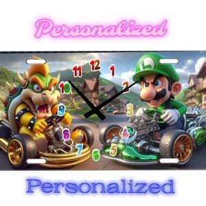Mario And Bouser Kart License Plate Wall Clock Personalized